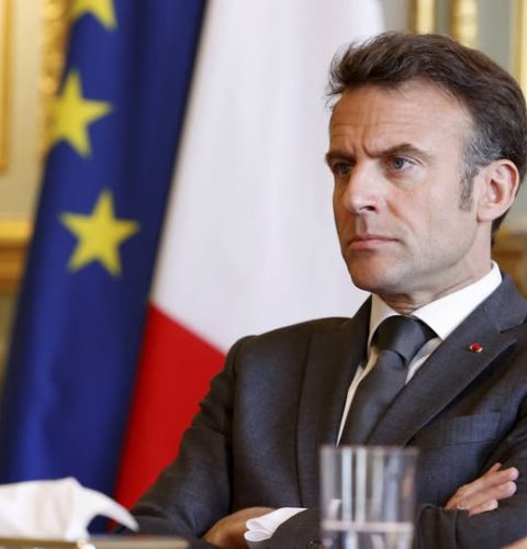 French President Emmanuel Macron attends a meeting with the leaders of the French Employers' association (MEDEF), the CPME and the Union of local businesses, at the Elysee Palace in Paris, Tuesday, April 18, 2023. French President Emmanuel Macron said Monday April 17, 2023 that he heard people's anger over raising the retirement age from 62 to 64, but insisted that it was needed to keep the pension system afloat as the population ages. (Stephanie Lecocq/Pool via AP)/PAR101/23108356289456/POOL PHOTO/23041812